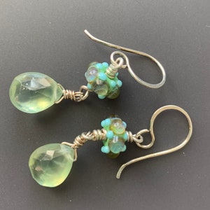 Luminous Sterling Silver, Lampworked Glass and Faceted Prehnite Drop Earrings image 1