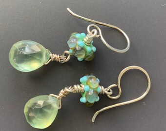 Luminous Sterling Silver, Lampworked Glass and Faceted Prehnite Drop Earrings
