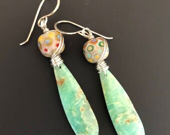 Luminous Chrysoprase and Artisan Lampwork Glass Drop Earrings with Sterling Silver Earwires and Wire Wrap