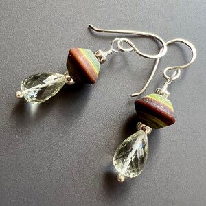 Etched Glass and Green Amethyst Sterling Silver Drop Earrings