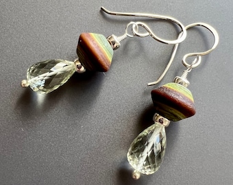Etched Glass and Green Amethyst Sterling Silver Drop Earrings