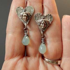 Art Nouveau Goddess Face Fine Silver, Sterling and Faceted Sea Blue-Green Chalcedony Briolette Dangle Earrings