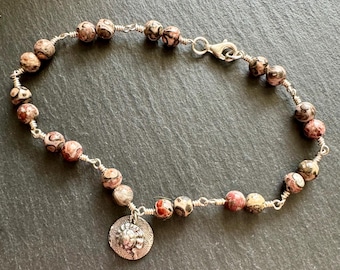 Ankle Chain Silver Seashell Charm and 6mm Round Leopardskin Jasper Beads