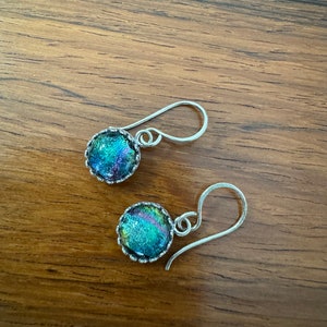 Rainbow Dichroic Glass Earrings with Sterling Silver Gallery Bezel Setting and Handmade Sterling Earwires image 6
