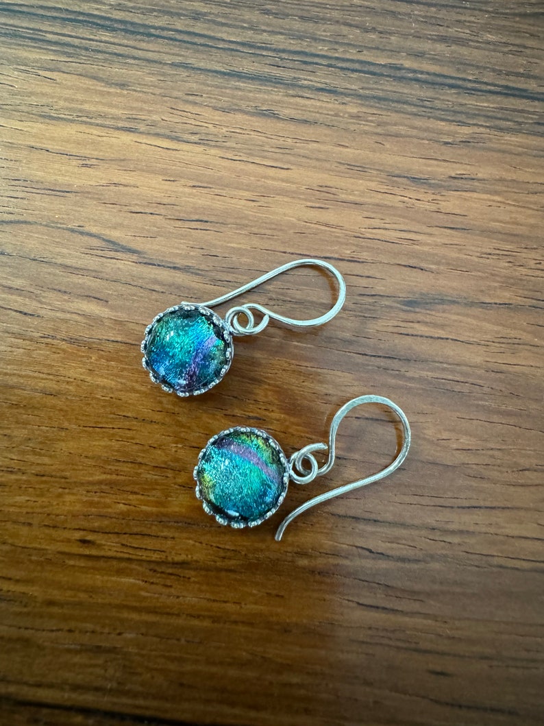 Rainbow Dichroic Glass Earrings with Sterling Silver Gallery Bezel Setting and Handmade Sterling Earwires image 6