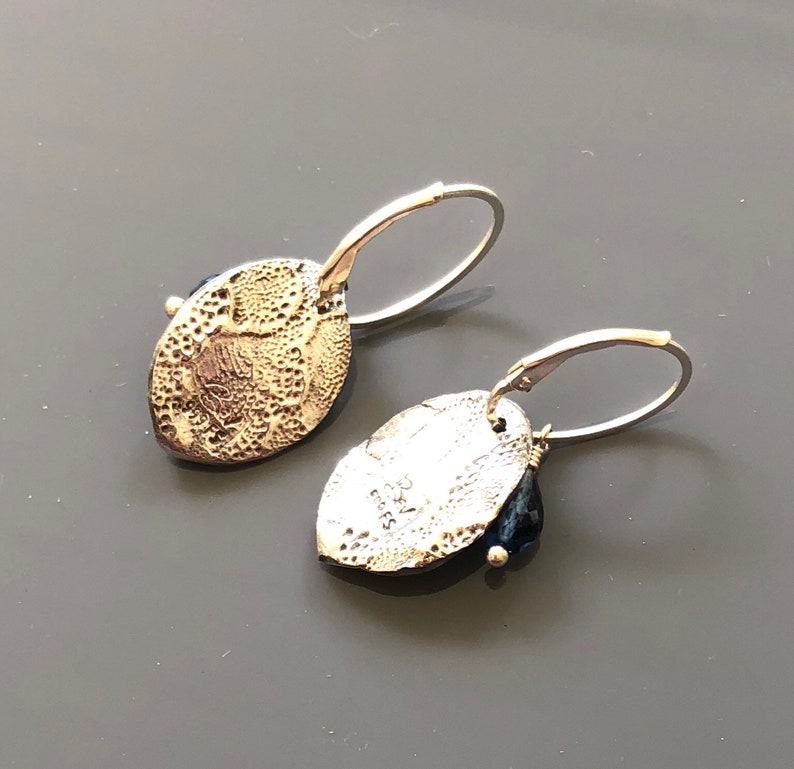 Sterling and Fine Silver Leaf Earrings with Faceted Blue Sapphire Quartz Drops and Oval Sterling Leverback Earwires image 4