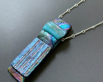Fused Dichroic Glass Rectangular Channel Pendant with 18 inch Sterling Silver Bar Link Chain