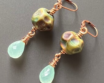 Solid Copper, Earth Tone Etched Glass and Chalcedony Drop Earrings
