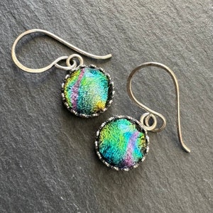 Rainbow Dichroic Glass Earrings with Sterling Silver Gallery Bezel Setting and Handmade Sterling Earwires image 1