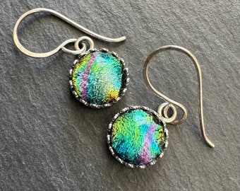 Rainbow Dichroic Glass Earrings with Sterling Silver Gallery Bezel Setting and Handmade Sterling Earwires