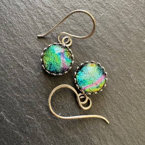 Rainbow Dichroic Glass Earrings with Sterling Silver Gallery Bezel Setting and Handmade Sterling Earwires image 5