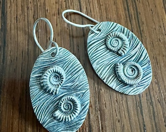 Fine Silver Ammonite Earrings Dangle Drop Earrings Oval Texturized Oxidized Earrings with Handmade Sterling French Earwires