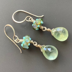 Luminous Sterling Silver, Lampworked Glass and Faceted Prehnite Drop Earrings image 3