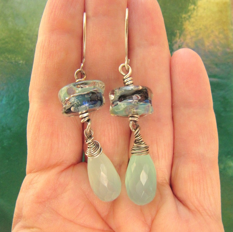 Caribbean Blue Chalcedony and Lampworked Glass Drop Pierced Earrings with Sterling Silver Earwires image 4