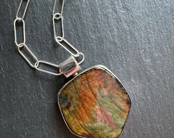 Colorful Labradorite Pendant Framed in Sterling Silver on 18 Inch Large Sterling Paperclip Chain with Sterling Swivel Lobster Claw Clasp