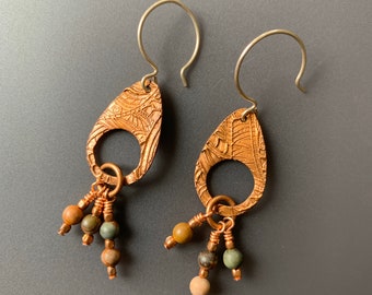 Mixed Metals Solid Copper Boho Tribal Dangle Earrings with Creek Jasper Beads and Sterling Silver Earwires