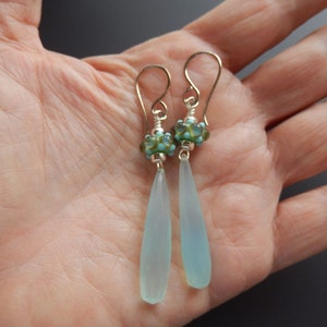 Silver and Lampwork Glass Earrings Aruba Drops, Sterling Silver and Elongated Faceted Chalcedony Briolettes image 2