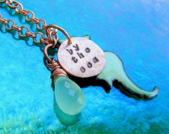 Necklace Copper Enamel By the Sea Green Seahorse with Faceted Chalcedony Teardrop Briolette