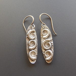 Sterling Ammonite Earrings Dangle Drop Earrings Elongated Oval Texturized Oxidized Earrings with Handmade Sterling French Earwires image 2