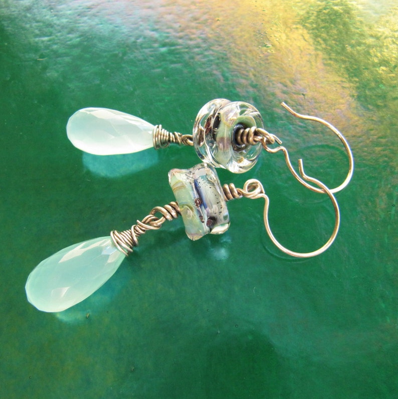 Caribbean Blue Chalcedony and Lampworked Glass Drop Pierced Earrings with Sterling Silver Earwires image 3