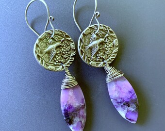 Beautiful Dangle Earrings Bird Carrying Branch with Sugilite Drops Sterling Silver and Fine Silver OOAK