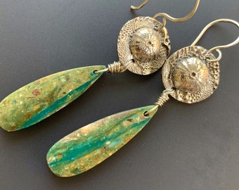 Silver Sea Urchin Drop Pierced Earrings with Gorgeous Peruvian Blue Opal Teardrop Beads OOAK