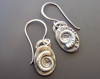 Sterling Silver Oval Ammonite Drop Earrings Oxidized Seafoam Texture with Handmade Sterling Silver Earwires