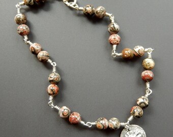 Sterling Silver and Leopardskin Jasper Anklet Ankle Bracelet with Fine Silver Button Shell Charm