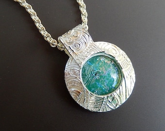 Unique One-of-a-Kind Tribal Domed Silver Pendant Necklace with Encased Aqua Dichroic Glass Cabochon on 18 inch sterling silver Rolo Chain