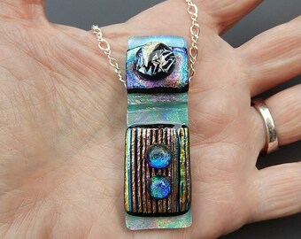 Fused Dichroic Glass Rectangular Dots and Stripes Textural Channel Pendant with 18 inch Sterling Silver Link Chain