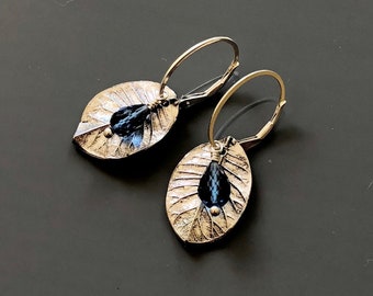 Sterling and Fine Silver Leaf Earrings with Faceted Blue Sapphire Quartz Drops and Oval Sterling Leverback Earwires