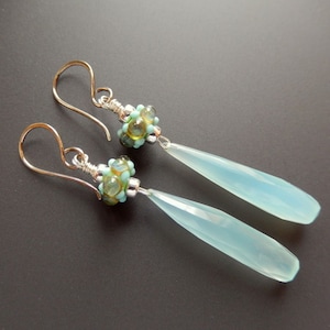 Silver and Lampwork Glass Earrings Aruba Drops, Sterling Silver and Elongated Faceted Chalcedony Briolettes image 1