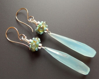 Silver and Lampwork Glass Earrings Aruba Drops, Sterling Silver and Elongated Faceted Chalcedony Briolettes