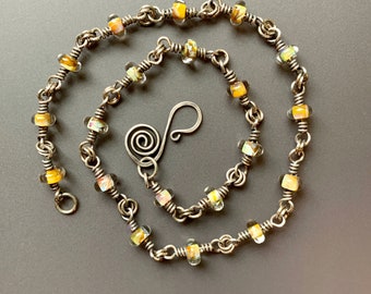 Sterling Silver and Lampworked Glass 18 inch Necklace with Hand-Forged Sterling Silver Clasp