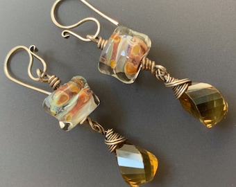 Luminous Sterling Silver, Lampworked Glass and Faceted Twisted Champagne Quartz Drop Earrings with Handmade Fancy Fishhook Earwires