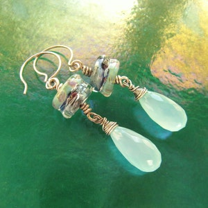 Caribbean Blue Chalcedony and Lampworked Glass Drop Pierced Earrings with Sterling Silver Earwires image 2