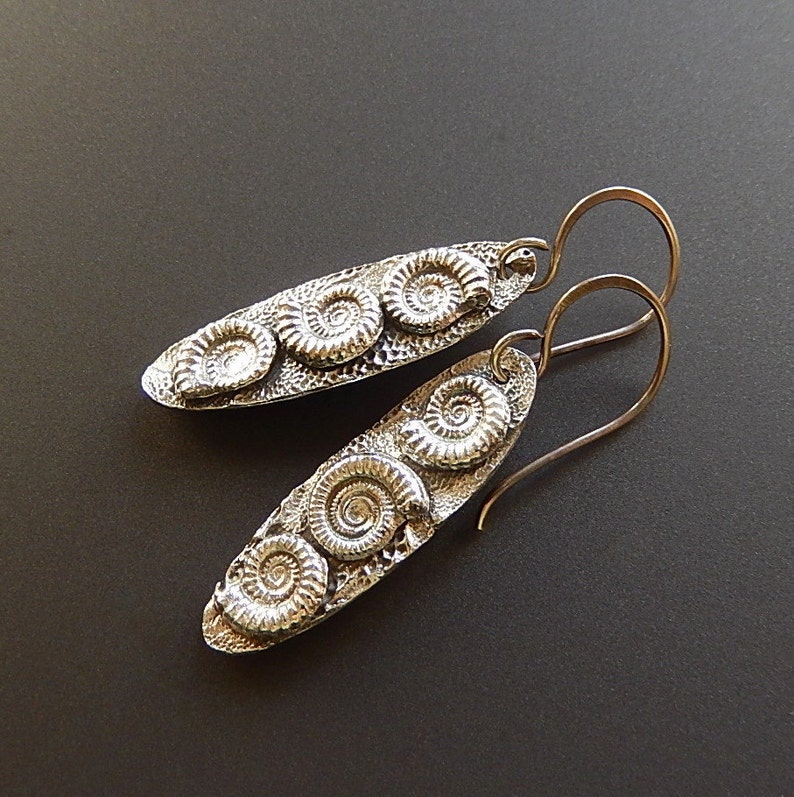 Sterling Ammonite Earrings Dangle Drop Earrings Elongated Oval Texturized Oxidized Earrings with Handmade Sterling French Earwires image 1