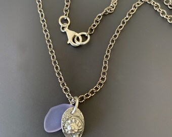 Tiny Minimalist Sterling Silver and Lavender Sea Glass Beach Lover Necklace 18 inch Sterling Etched Link Chain