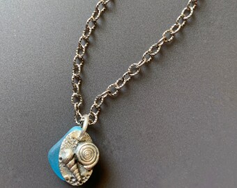 Tiny Minimalist Sterling Silver and Bright Blue Sea Glass Beach Lover Necklace 18 inch Sterling Etched Link Chain