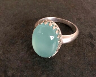 Sterling Silver Ring with Gorgeous Caribbean Blue Chalcedony Cabochon in Gallery Bezel Size 6 or 7