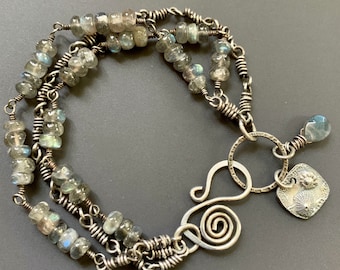 Sterling Silver and Blue Flash  Labradorite Rondelle Three-Strand Bracelet with Labradorite and Fine Silver Seashell Charms