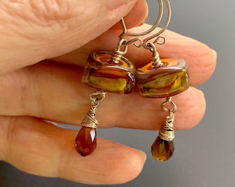 Luminous Sterling Silver, Lampworked Glass and Faceted Root Beer Quartz Drop Earrings