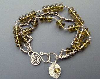 Sterling Silver and Microfaceted Citrine Three-Strand Bracelet with Citrine and Fine Silver Leaf Charms