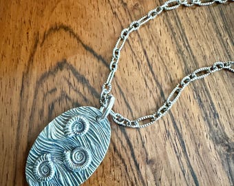 Artisan Fine Silver Ammonite Oval Texturized Oxidized Pendant with 22 inch Etched Sterling Silver Chain