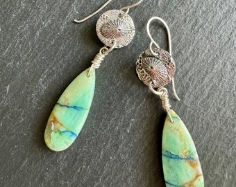 Fine Silver, Sterling Silver Keyhole Limpet Shell and Peruvian Opal Dangle Earrings OOAK Signed