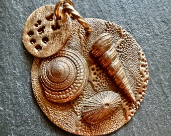 By the Sea Solid Bronze OOAK Signed Pendant with Assorted 3D Bronze Seashells and Text Tag