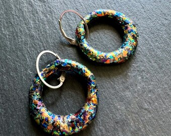 Black Rainbow Dichroic Glass Hoop Earrings with Oval Sterling Silver Leverback Earwires