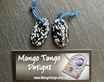 Pair of Drilled Oval Snowflake Obsidian Gemstone Earring Beads