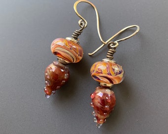 Luminous Burgundy and Pink Swirl Lampworked Glass and Sterling Silver Drop Dangle Earrings OOAK