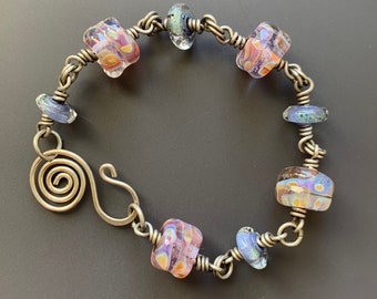 Sterling Silver and Colorful Transparent Glass Bracelet with Hand-Forged and Hammered Sterling S-Clasp
